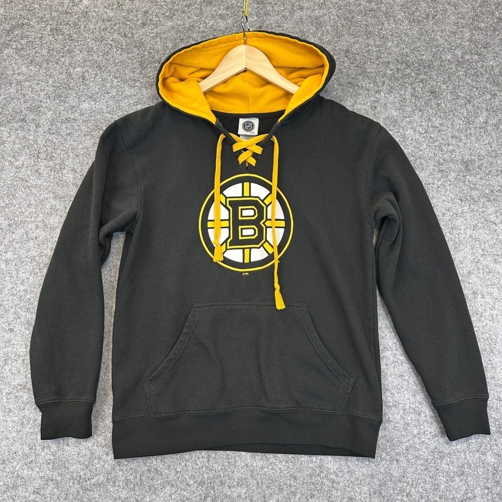 NHL Boston Bruins Hoodie Mens Medium Black Yellow Lace Up Hockey Sweatshirt - Picture 2 of 8